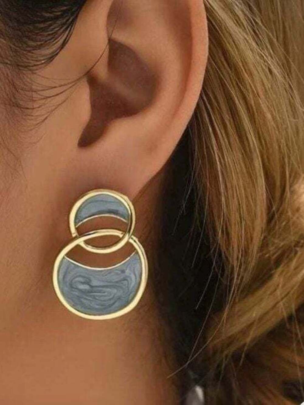 Gold-Tone Double Circle Earrings with Slate Blue Marble Inlay